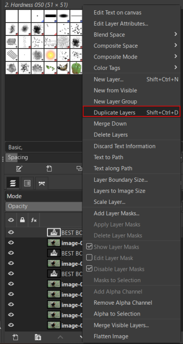 Clicking on "Duplicate Layer" in GIMP. 