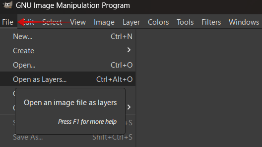 Clicking on "Open as Layers" option in GIMP. 