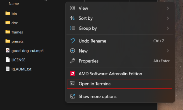 Clicking on "Open in Terminal" option on Windows PC. 