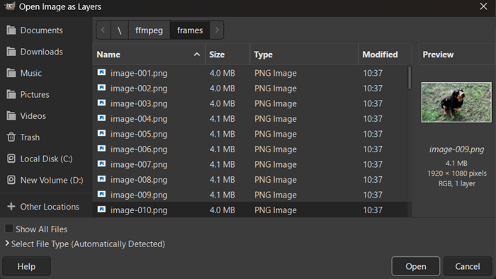 Opening video frames in GIMP. 