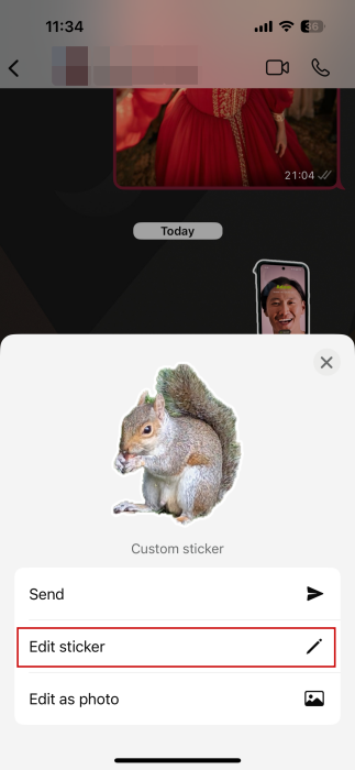 Tapping "Edit sticker" option in WhatsApp after pasting sticker created with Google Photos on iOS.