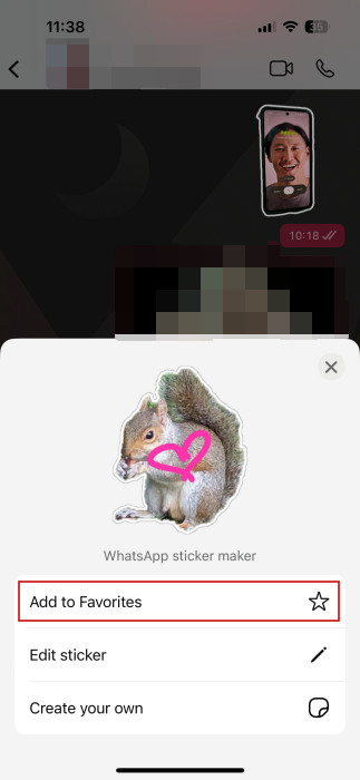 Tapping on "Add to Favorites" in WhatsApp on sticker created in Google Photos on iOS.