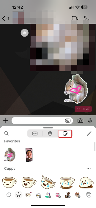 Viewing "Favorites" section for stickers in WhatsApp on iOS.