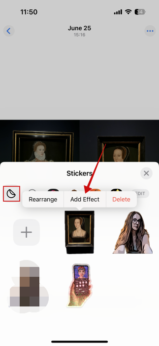 Tapping to "Add Effect" on sticker created with Photos app on iOS.