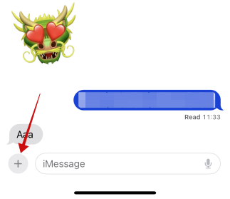 Tapping "+" button in Messages app on iOS.