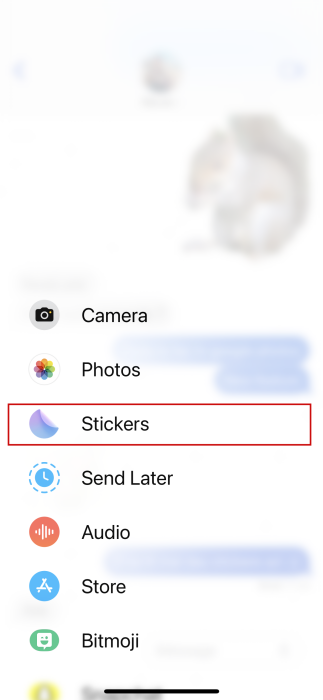 Selecting "Stickers" in Messages app on iOS.