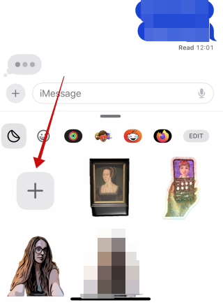 Tapping "+" button in iPhone sticker gallery.