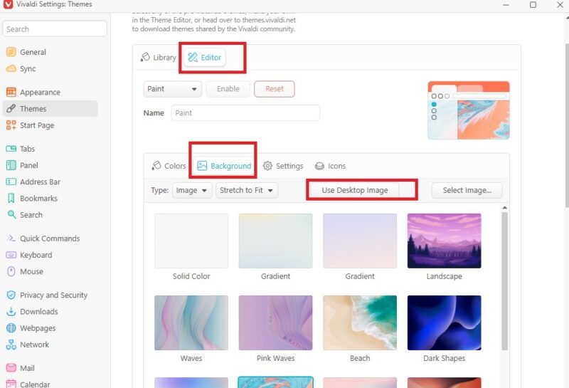 Creating a custom theme in Vivaldi.