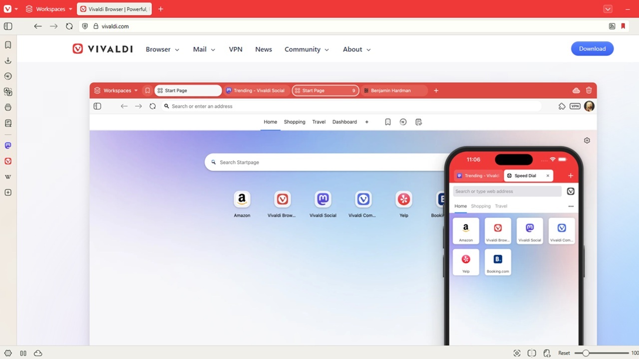 Vivaldi homepage loaded in Vivaldi browser.