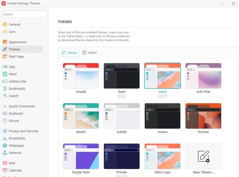 Viewing available themes in Vivaldi