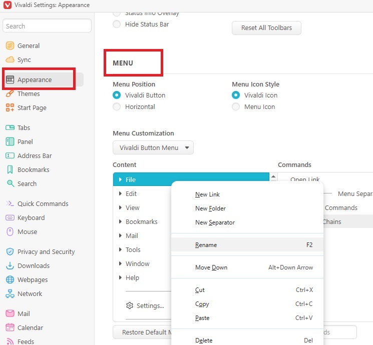 Customize Vivaldi menus.