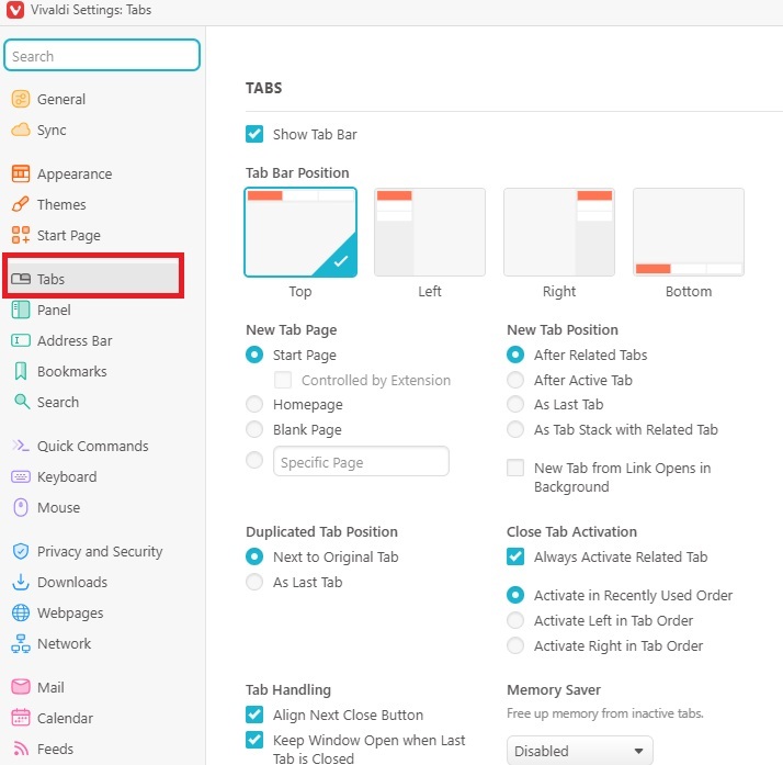 Customizing Tab bar position in Vivaldi.