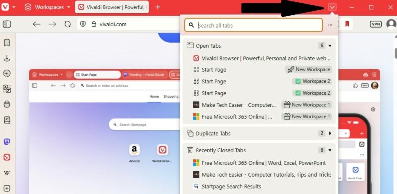Managing tabs in Vivaldi.