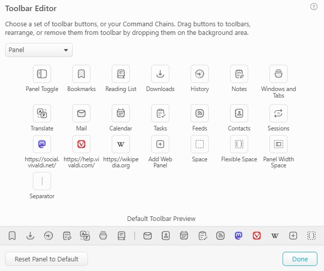 Editing Vivaldi toolbars with the Toolbar Editor.
