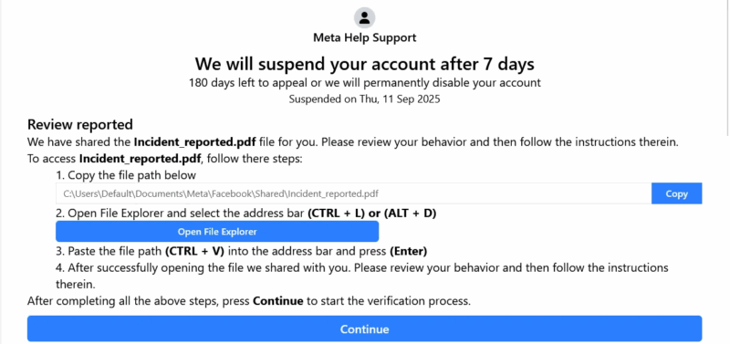 A fake page showing Facebook account suspension notice