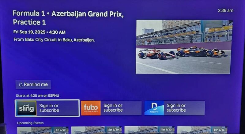 Choosing where to watch a Formula 1 race on Roku.