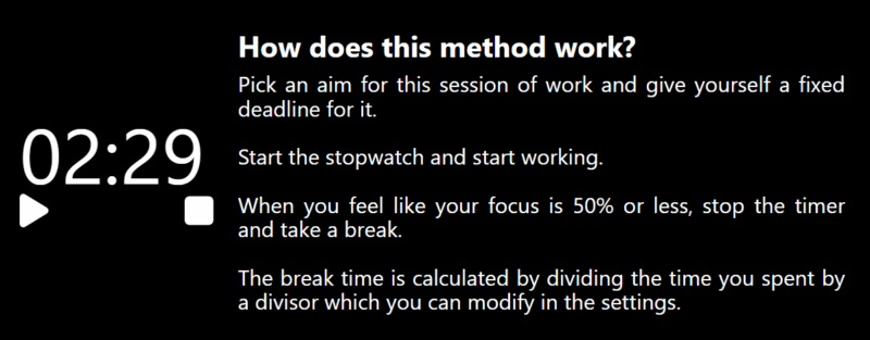 Flowmodoro showing a timer and instructions