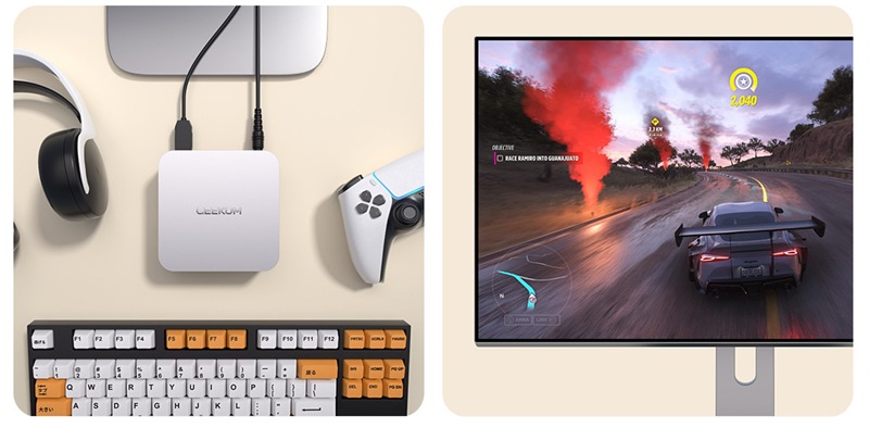 Geekom A6 Mini PC with a game.