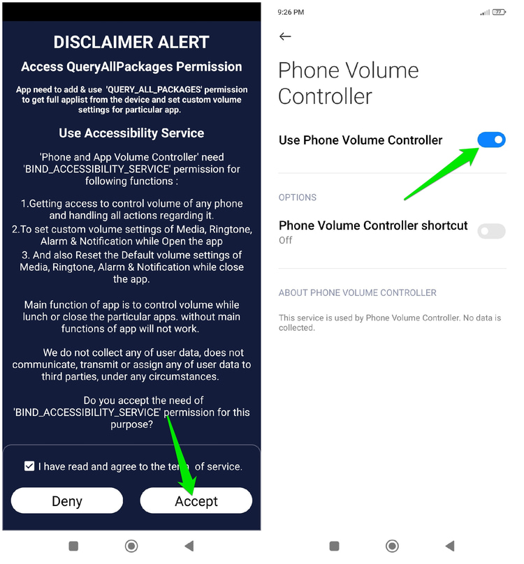 App TOS accept page with Accessibility Permission on Android
