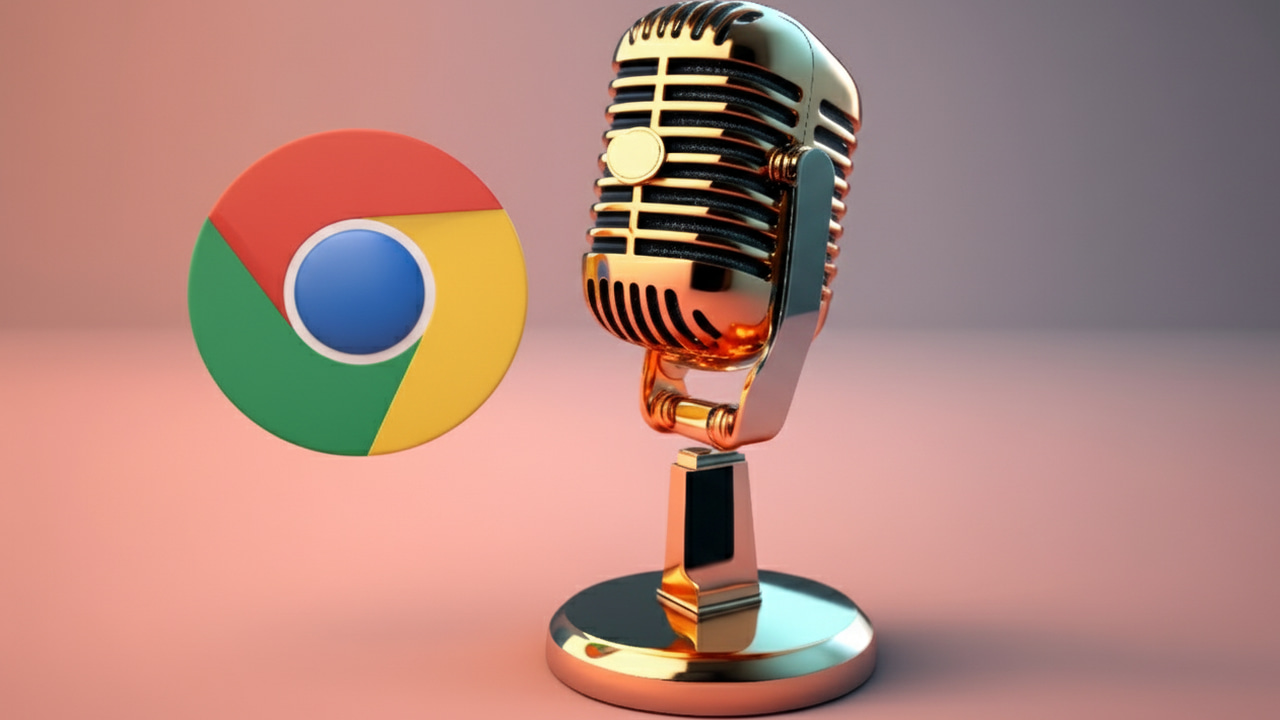 A metallic microphone with Google Chrome icon next to it