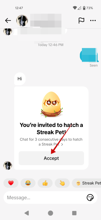 Accepting invite for Streak Pet on TikTok. 