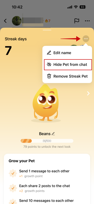 Selecting to "Hide pet from chat" on TikTok. 