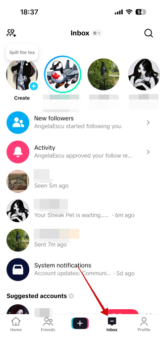 Accessing Inbox in TikTok app. 