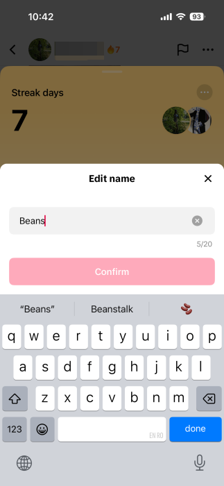 Renaming virtual pet in TikTok app. 