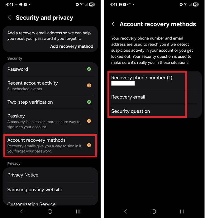 Setting up account recovery methods on Samsung phone.