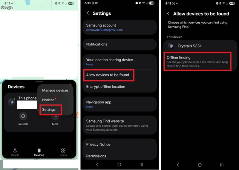 Turning on Offline finding in Samsung Find.
