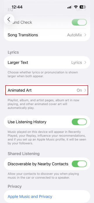 Checking to see if "Animated Art" is on for Music in iPhone Settings.