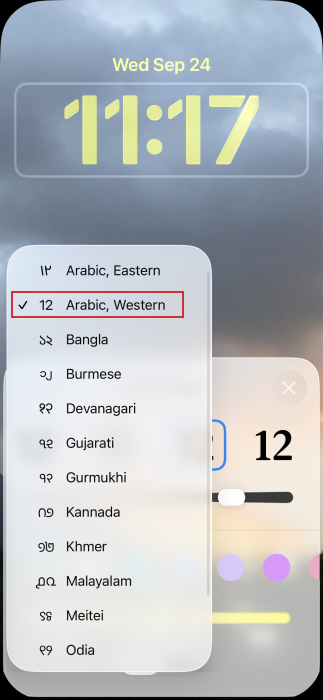 Selecting "Arabic, Western" for clock style in iPhone lock screen.