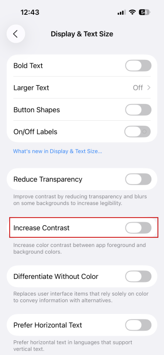Opting to turn off "Increase Contrast" in iPhone Settings.