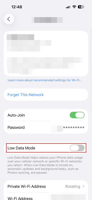 Opting to turn off "Low Data Mode" in iPhone Settings.