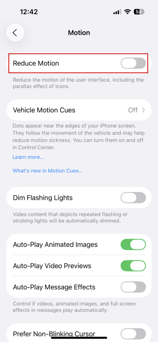 Opting to turn off "Reduce Motion" in iPhone Settings.