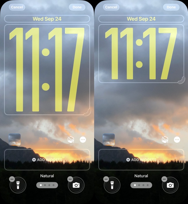 View of stretched clock on iPhone lockk screen in iOS 26.