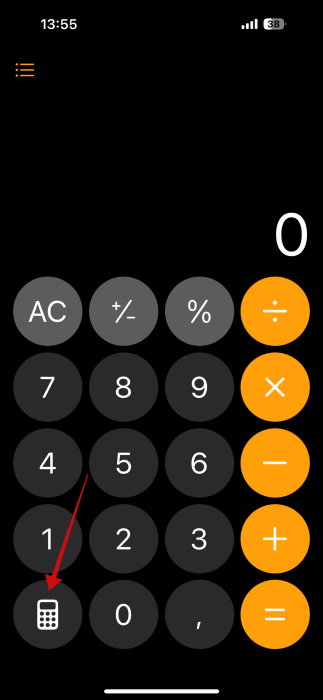 Tapping tiny calculator icon in Calculator app on IPhone. 