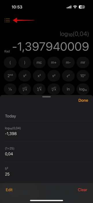 Viewing operation history in Calculator app on iPhone. 