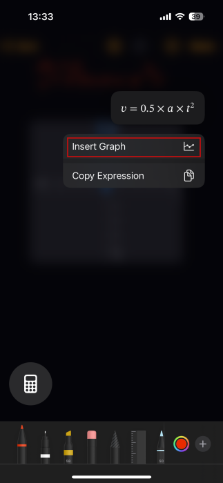 Tapping on "Insert Graph" to add visuals to math calculations on iPhone. 