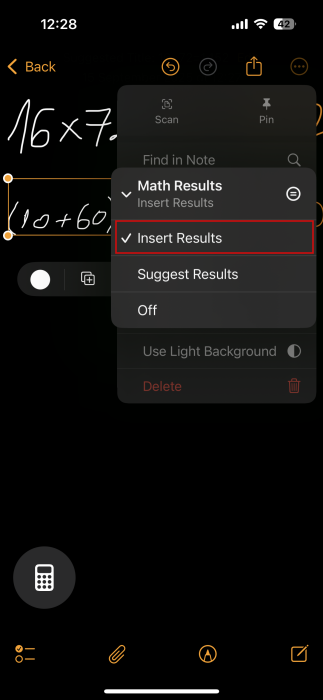 Opting for "Insert Results" in Math Notes on iPhone. 