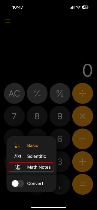 Switching to "Math Notes" in Calculator app on iPhone. 