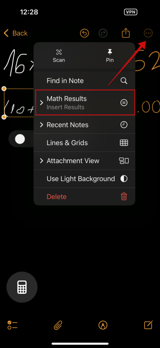 Selecting "Math Results" from menu in Math Notes on iPhone. 