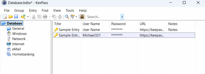 Keepass Interface showing example details