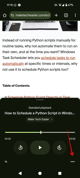 Tapping three-dot option in playback bar in Chrome. 