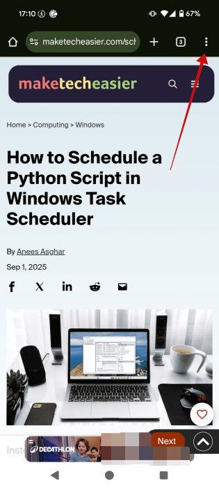 Tapping three-dots in Chrome app on Android. 