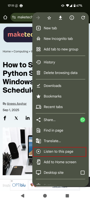 Selecting "Listen to this page" option in Chrome menu on Android. 