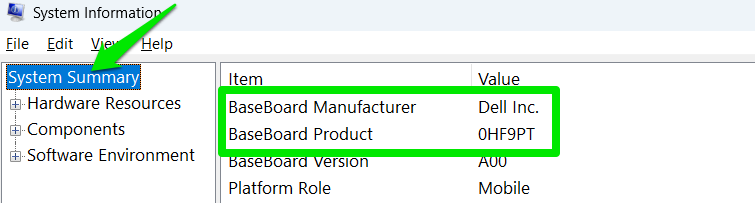 Motherboard Model information in System Information tool