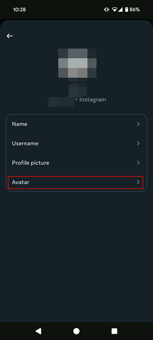 Selecting "Avatar" in Instagram Accounts Center in mobile app. 