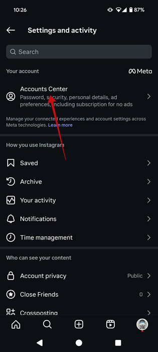 Tapping on "Accounts Center" in Instagram Settings on mobile. 