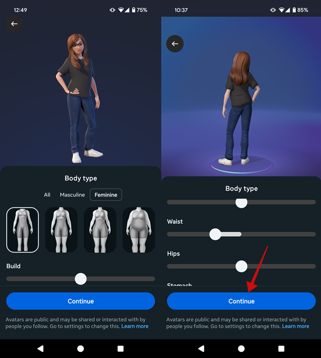 Adjusting body dimensions in Instagram avatar creator on mobile. s